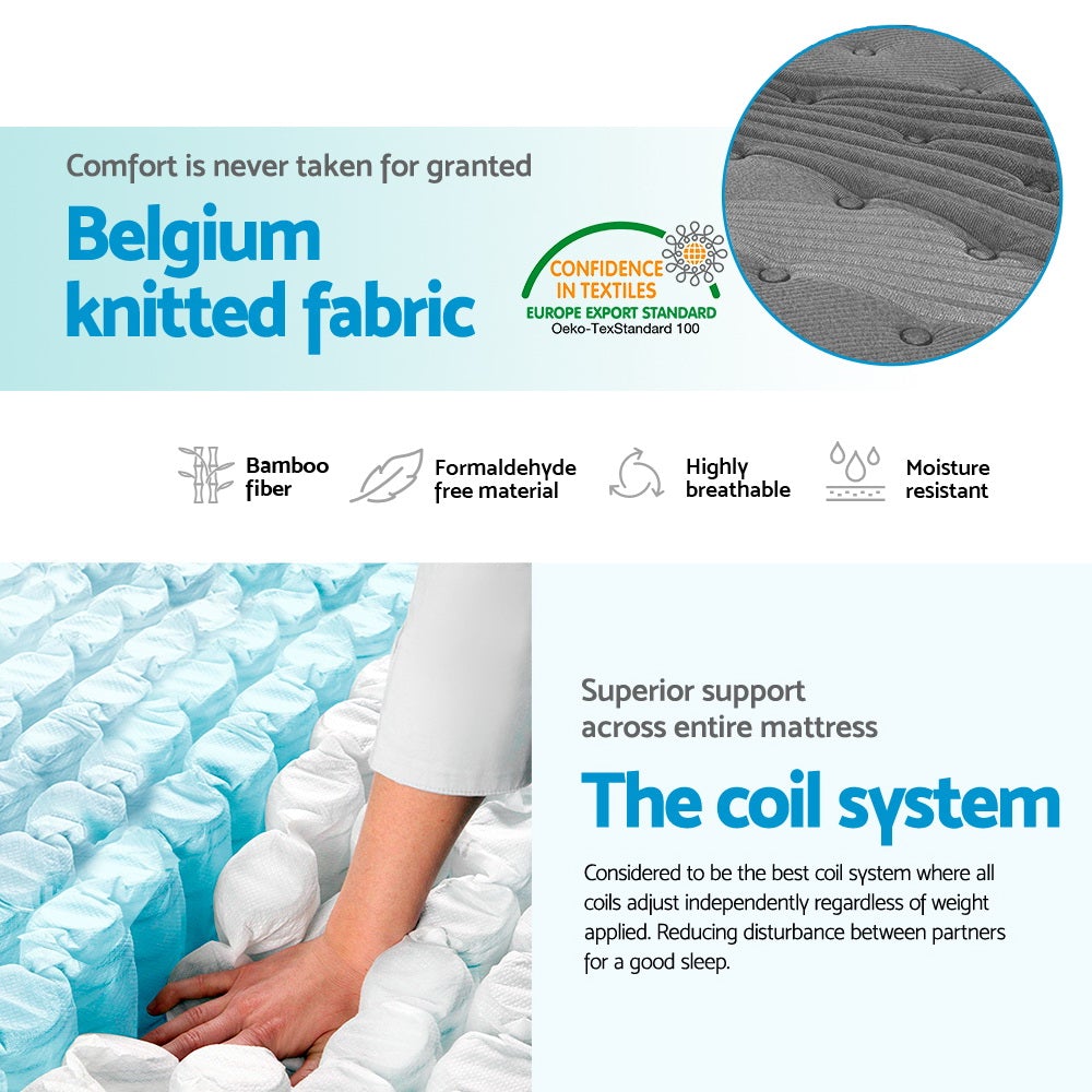 Giselle Bedding Alanya Euro Top Pocket Spring Mattress, 34cm thick, featuring bamboo charcoal fabric and plush padding for ultimate comfort.